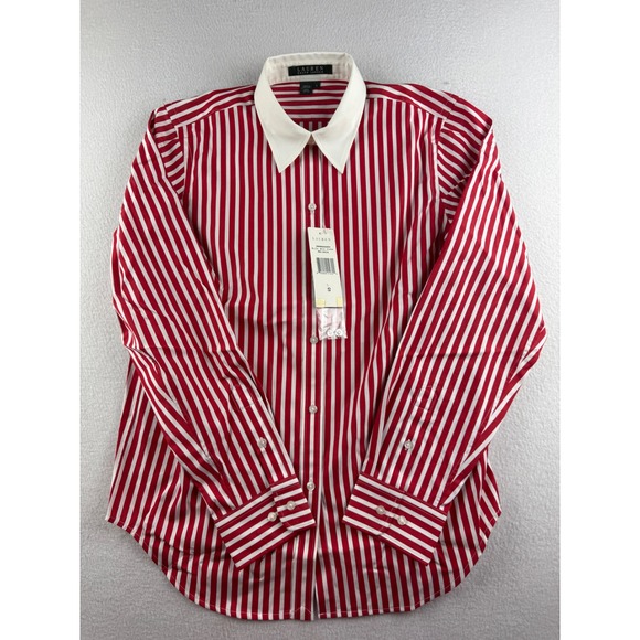 Lauren Ralph Lauren Tops - Lauren Ralph Lauren Womens Red White Striped Button Down Shirt Contrast Collar S